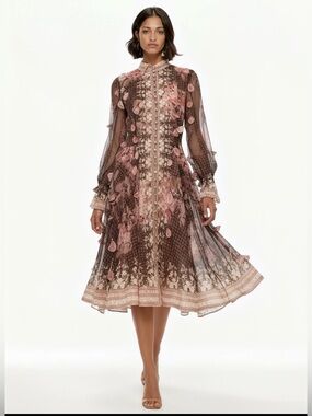 Sheer Floral Midi Dress in Brown and Pink M/L